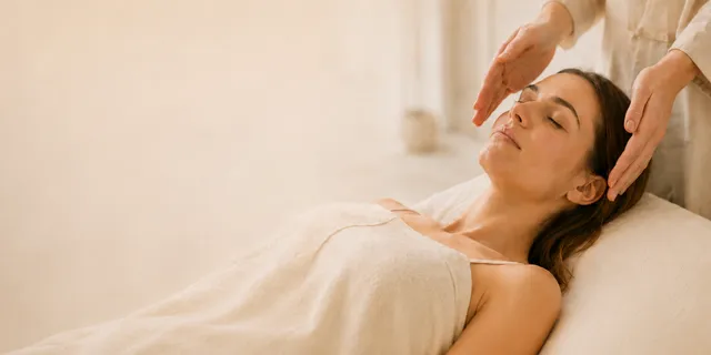 Une femme allongée, détendue, les yeux fermés, pendant un soin énergétique — les mains du praticien effleurent l'air au-dessus de son visage