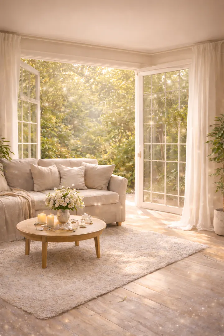 Salon lumineux aux portes grandes ouvertes sur un jardin baigné de soleil